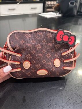 Designer-Inspired Brown Monogram Hello Kitty Crossbody Bag